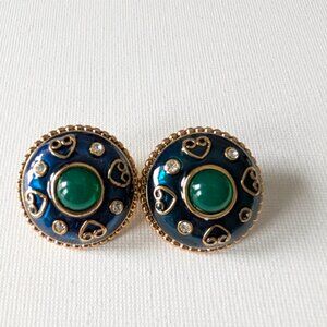 Vintage Emerald Green & Teal Heart Button Earrings